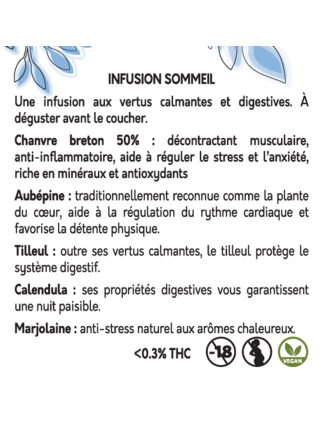 SOMMEIL INFUSION TISANE 50%  CBD CHANVRE Aubépine Tilleul Calendula Marjolaine ORANGE BUD PACA CBD & CRD SHOP 84100